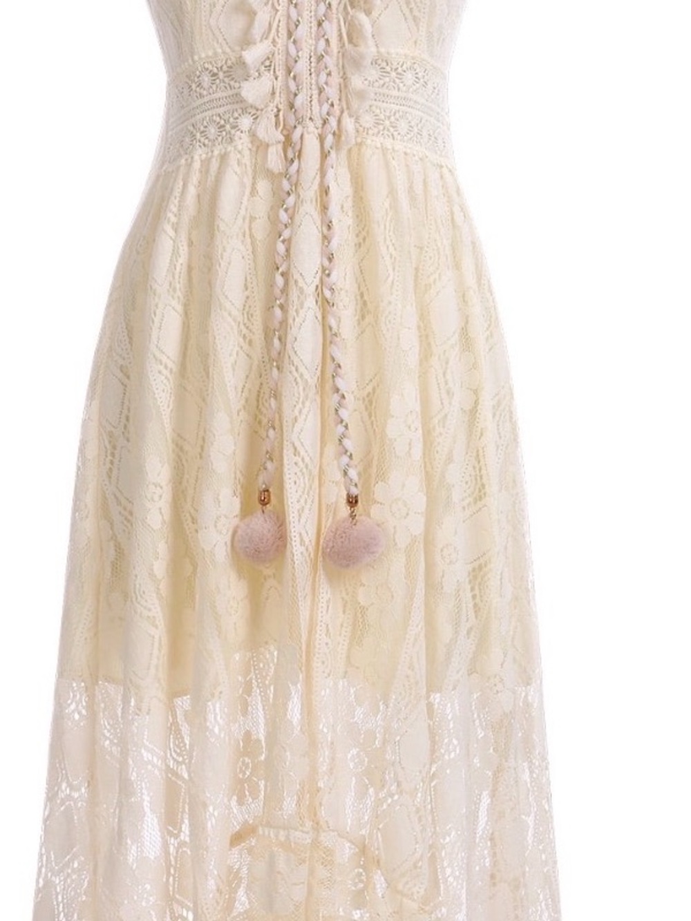 Boho Lace Hi-Lo Maxi Dress in Cream Lace with Tassels and Gold trim w/ Pom-Poms - Picture 2 of 8
